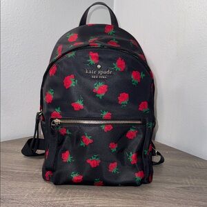 Kate Spade Black Red Rose Pattern Mini Backpack